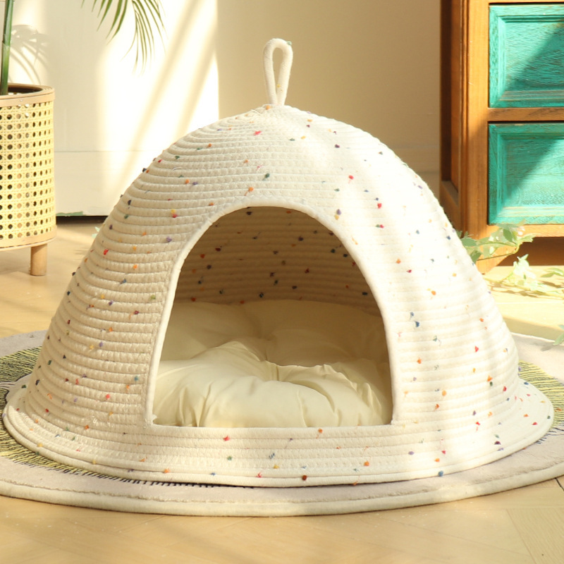 Hideaway Dome Cat Cave in Braided Cotton Rope - Confetti White White Cotton mat