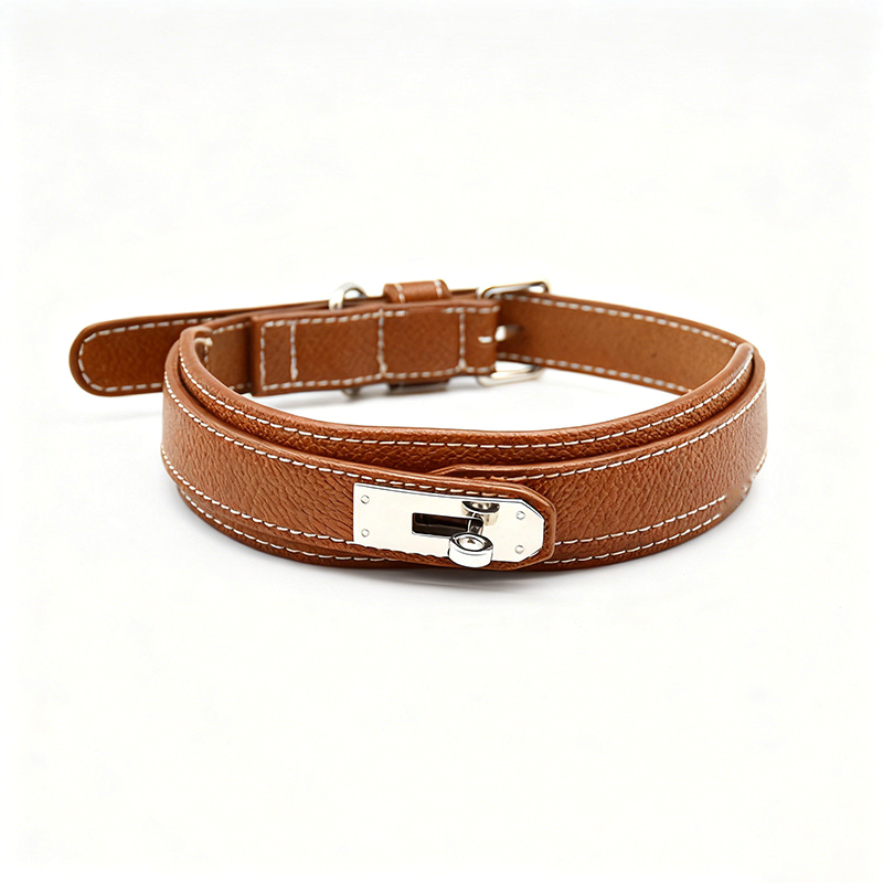 Cognac Turn-Lock Walk Set with Bag Holder, Vegan Leather Collar - Tan