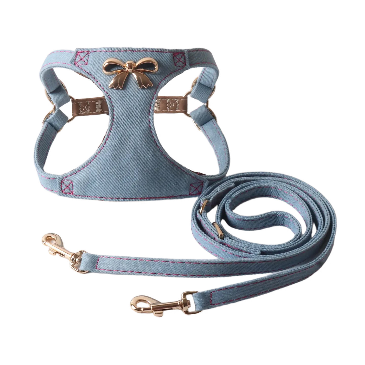 Vintage Denim Vest Set with Metal Bow - Blue