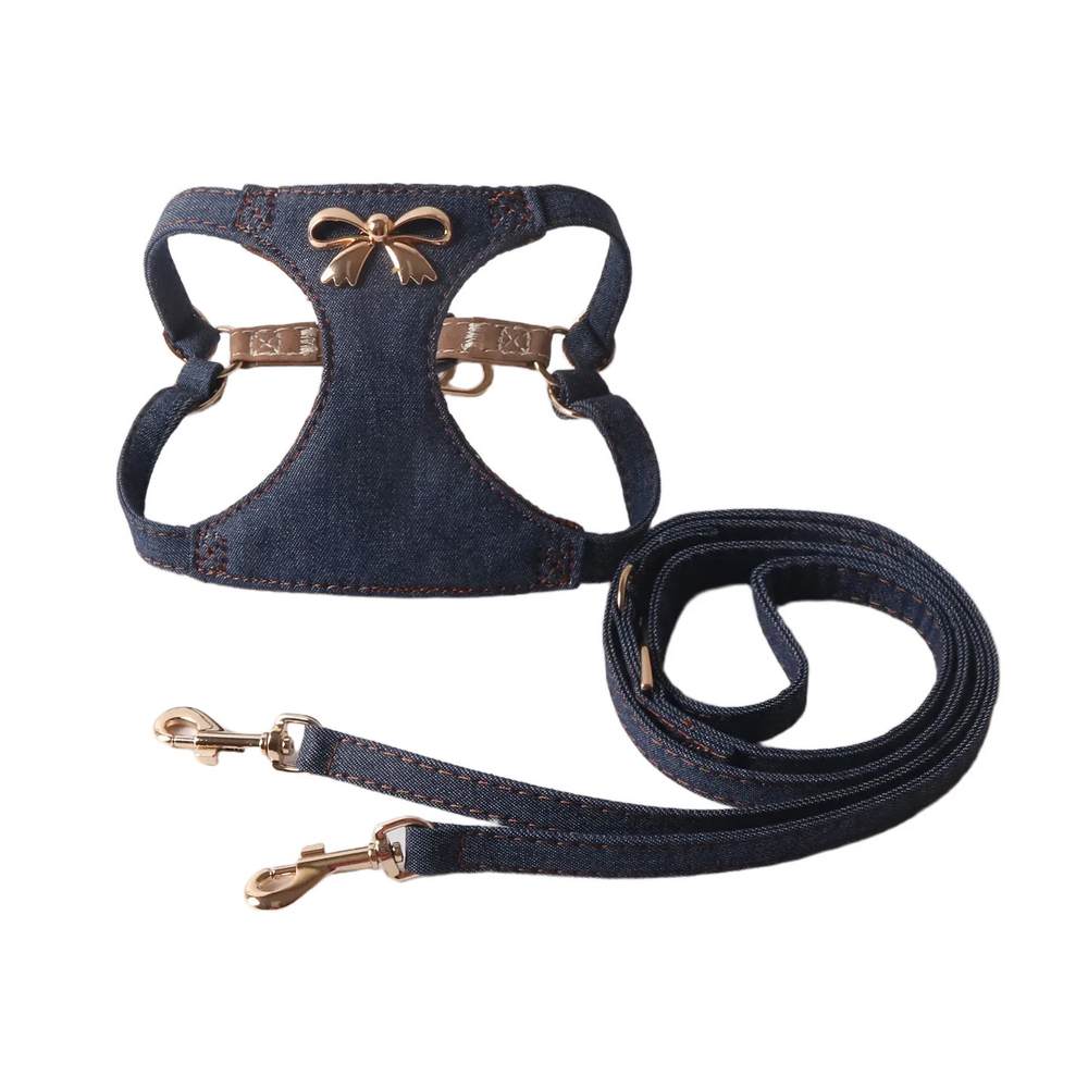 Vintage Denim Vest Set with Metal Bow