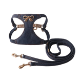 Vintage Denim Vest Set with Metal Bow - Deep Blue