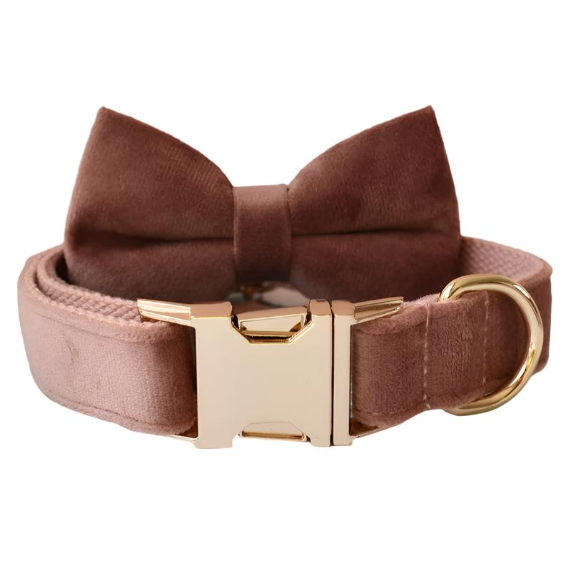 Taupe Brown Velvet Collar with Personalized Leash Set