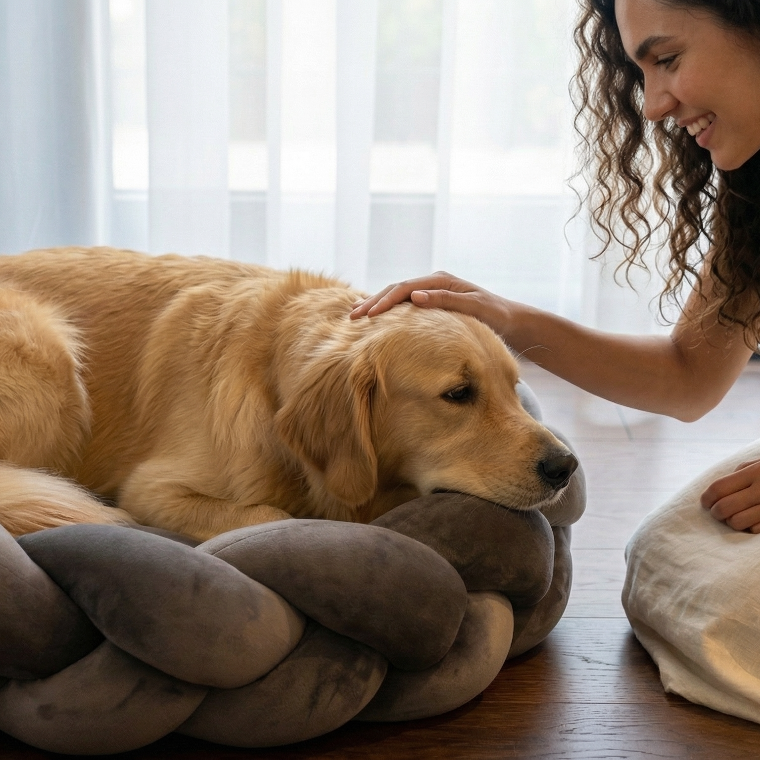 Velvet Cotton Braided Macaron Pet Bed - side angle