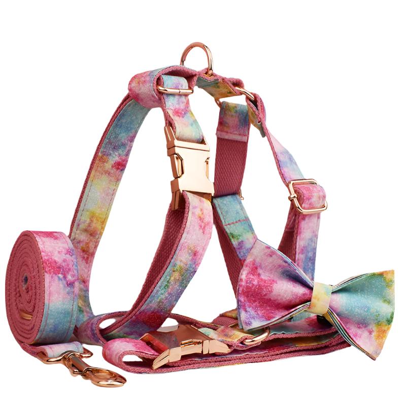 Rainbow Love Collar with Detachable Bow Tie - Personalized Leash Set