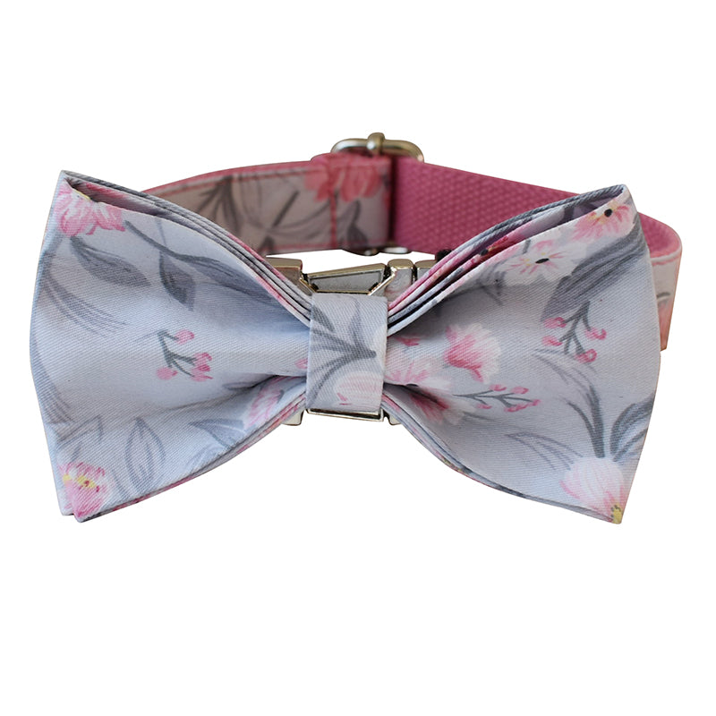 Lilac Pink Floral Dog Collar  with Detachable Bow - Personalized