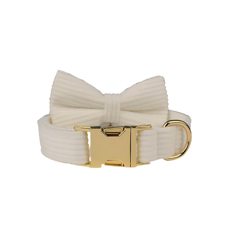 Stripe White Velvet Dog Collar with Detachable Bow Tie - Personalized