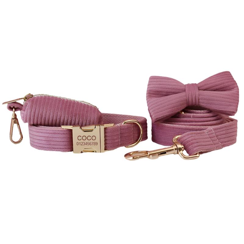 Old Rose Pink Velvet Collar with Detachable Bow Tie Personalized Leash Set