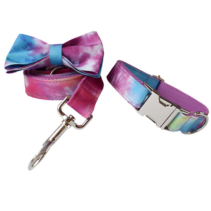 Rainbow Gradient Collar with Detachable Bow Tie Personalized Leash Set