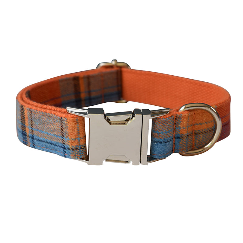 Orange Blue Plaid Collar with Detachable Bow Tie Personalized Leash Set