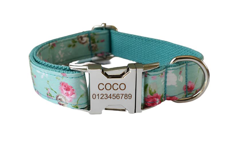 Tiffany Blue Pink Floral Collar with Detachable Bow Tie Personalized Leash Set