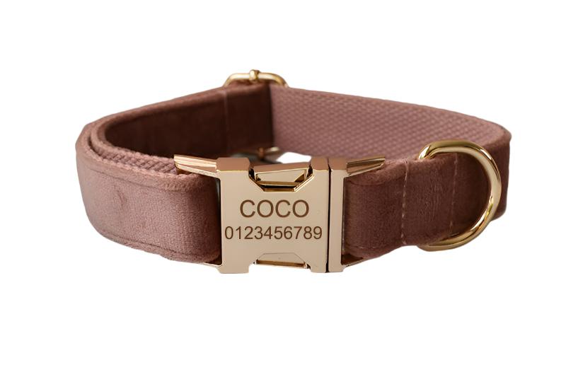 Taupe Brown Velvet Collar with Personalized Leash Set