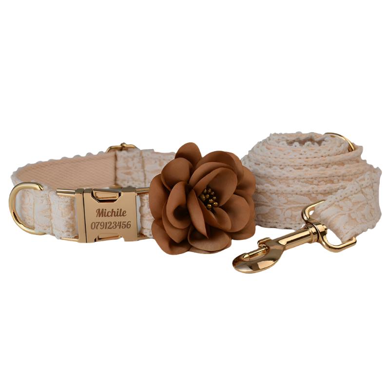 Lace Floral Beige Collar Personalized Leash Set