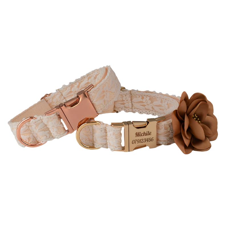 Lace Floral Beige Dog Collar - Personalized