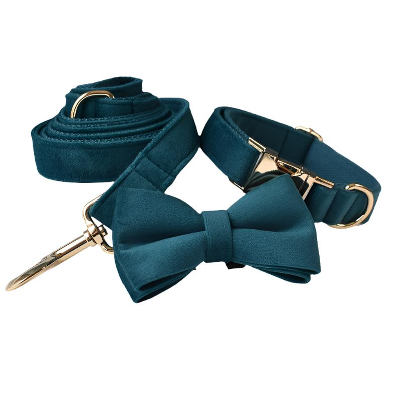 Peacock Blue Velvet with Detachable Bow Tie Personalized Leash Set