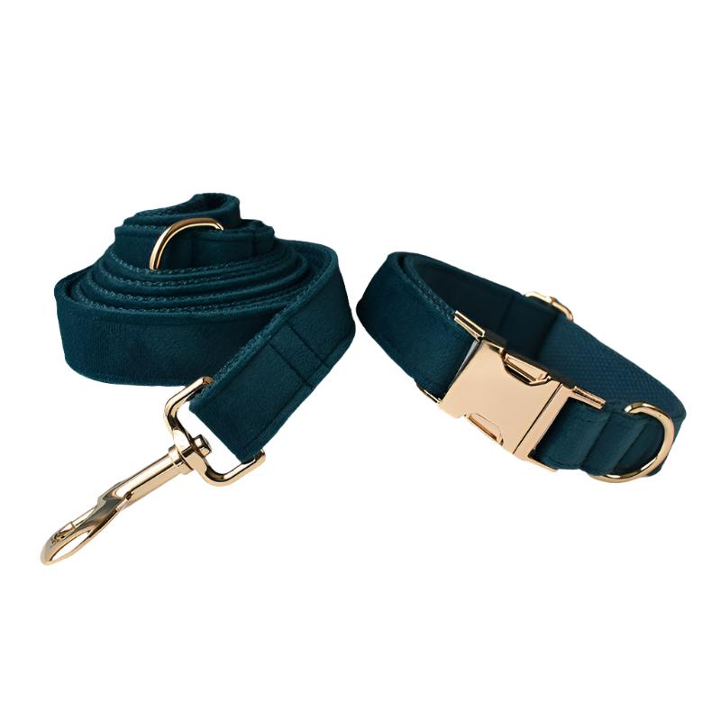 Peacock Blue Velvet with Detachable Bow Tie Personalized Leash Set