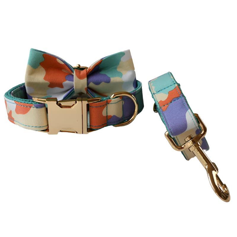 Rainbow Camouflage Collar with Detachable Bow Tie and Personalized Leash Set