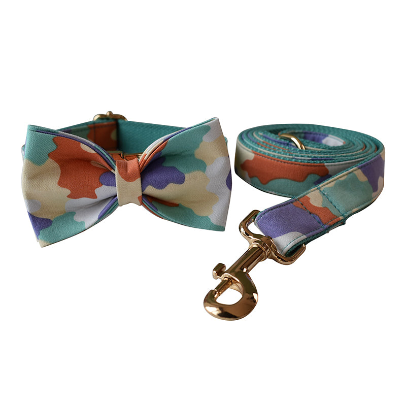 Rainbow Camouflage Collar with Detachable Bow Tie and Personalized Leash Set