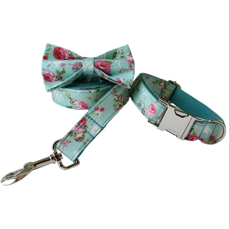 Tiffany Blue Pink Floral Collar with Detachable Bow Tie Personalized Leash Set