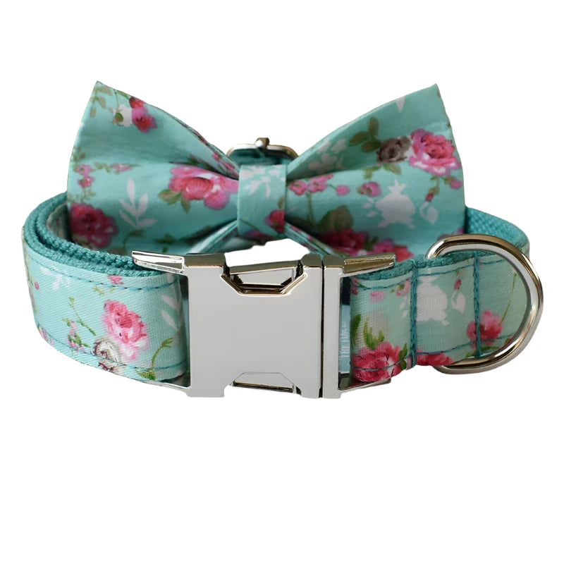 Tiffany Blue Pink Floral Dog Collar with Detachable Bow - Personalized