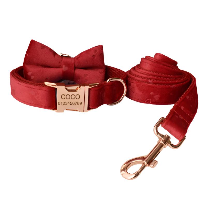 Ruby Red Heart Velvet  Collar with Detachable Bow Tie Personalized Leash Set