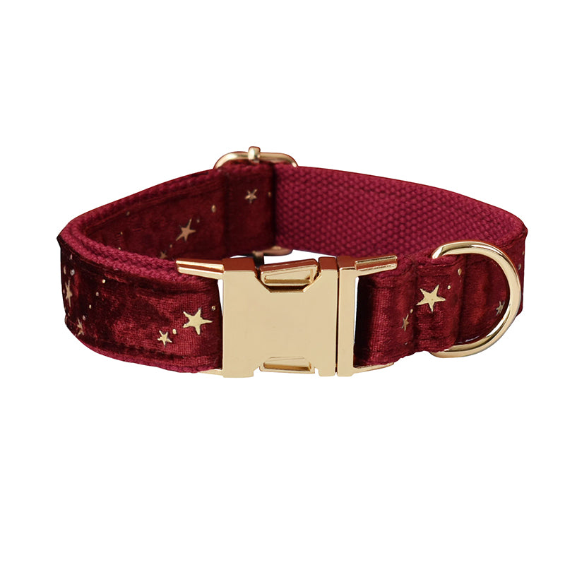 Starry Night Scarlet Red Velvet Collar with Detachable Bow Tie Personalized Leash Set