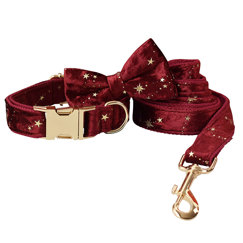 Starry Night Scarlet Red Velvet Collar with Detachable Bow Tie Personalized Leash Set