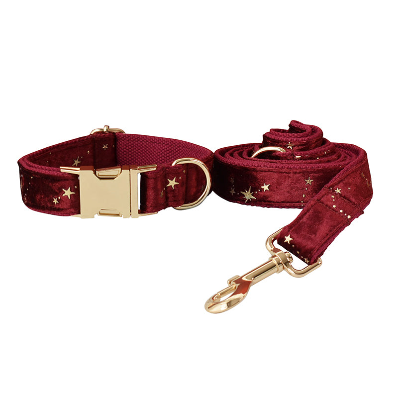 Starry Night Scarlet Red Velvet Collar with Detachable Bow Tie Personalized Leash Set