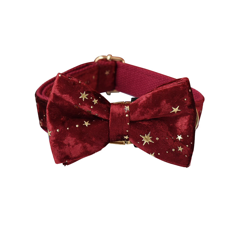 Starry Night Scarlet Red Velvet Collar with Detachable Bow Tie Personalized Leash Set