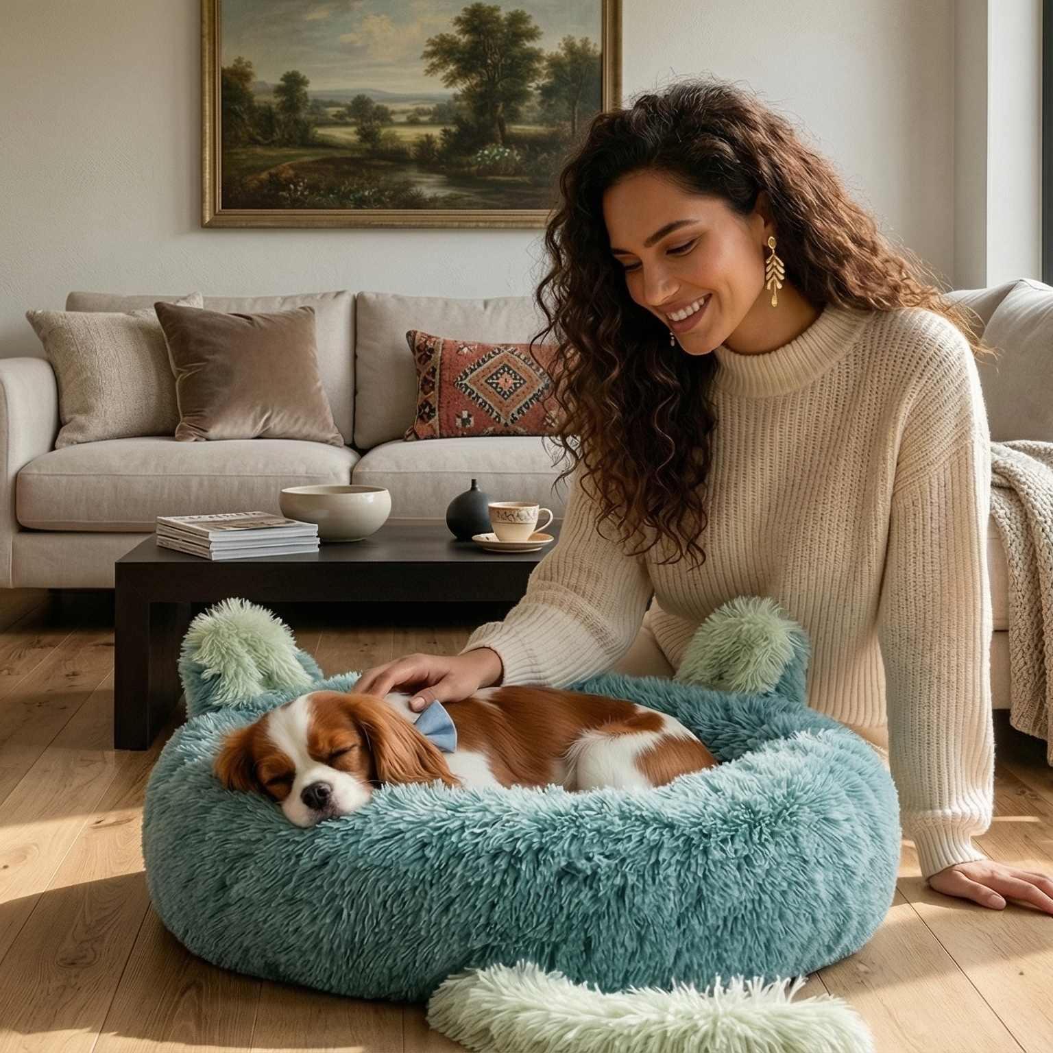 Anti-Anxiety Fluffy Pet Bed with Tail & Ear Design - detail close-up