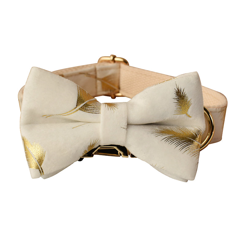 Gold Feather White Velvet Dog Collar - Personalized