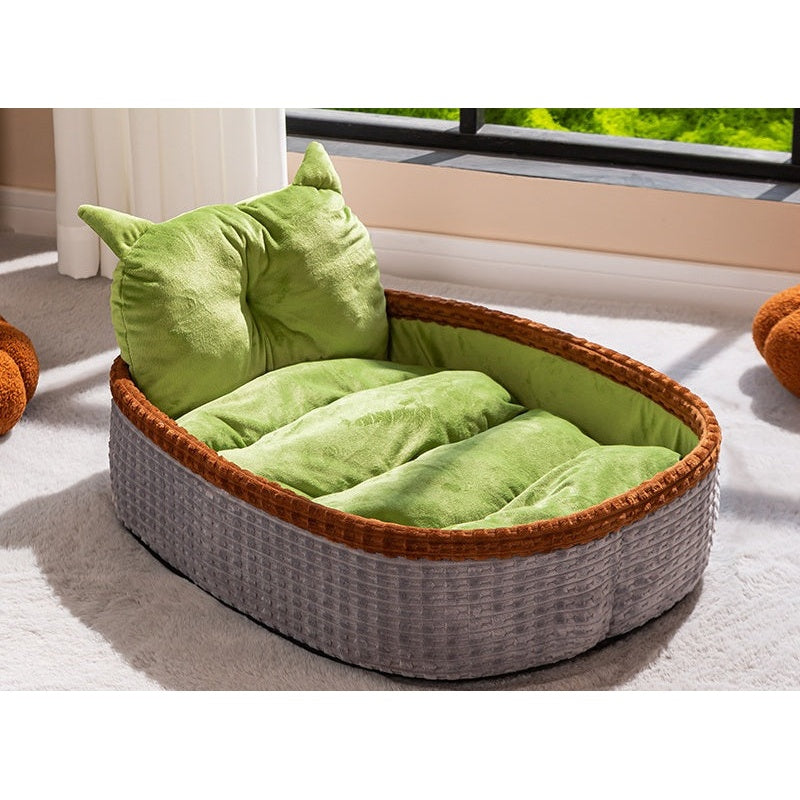 Bathtub Basket-Weave Pet Bed with Cat-Ear Pillow
