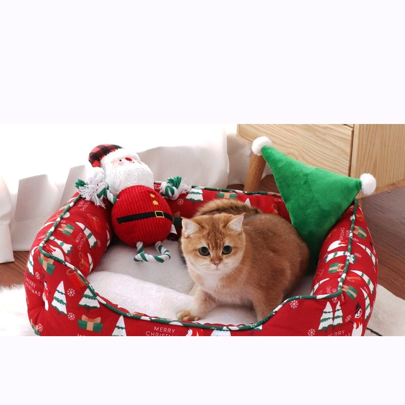 Yuletide Christmas Bolster Pet Bed with Plush Cushion
