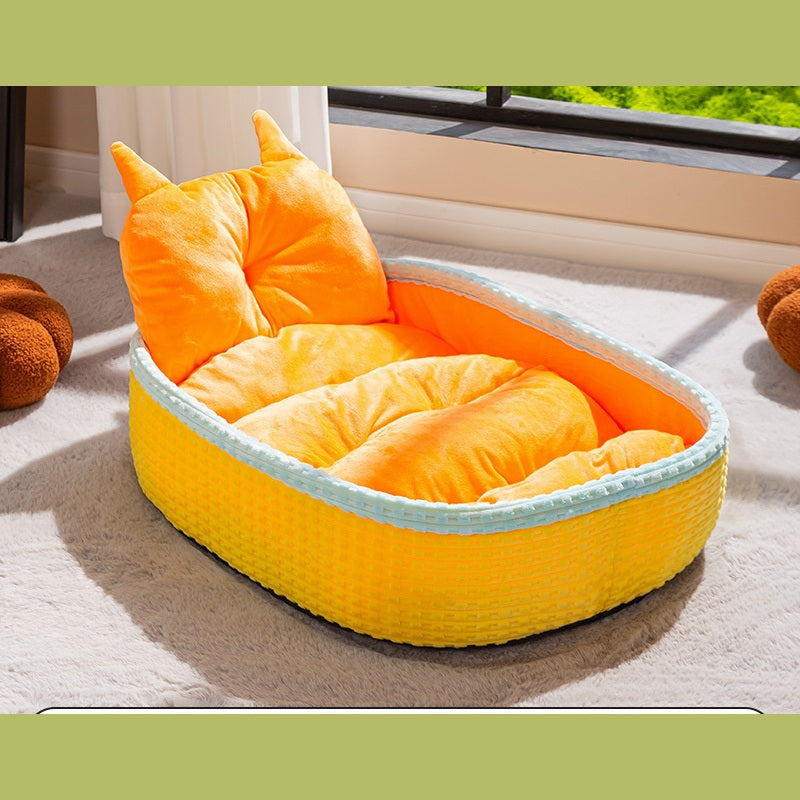 Bathtub Basket-Weave Pet Bed with Cat-Ear Pillow - Yellow Bathtub Pet Bed Flannel fabric