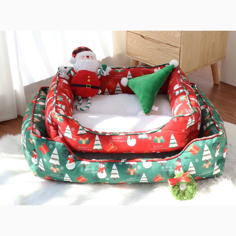 Yuletide Christmas Bolster Pet Bed with Plush Cushion