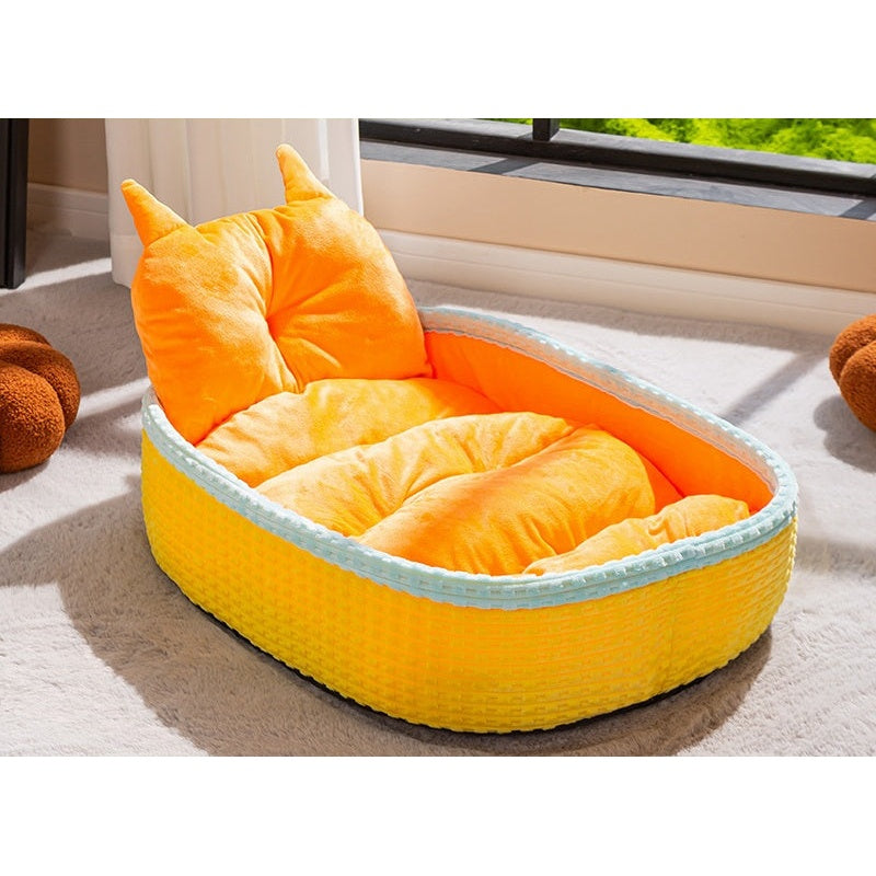 Bathtub Basket-Weave Pet Bed with Cat-Ear Pillow - Yellow Bathtub Pet Bed Flannel fabric