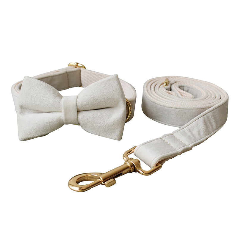 Pure White Velvet Collar with Detachable Bow Tie Personalized Leash Set