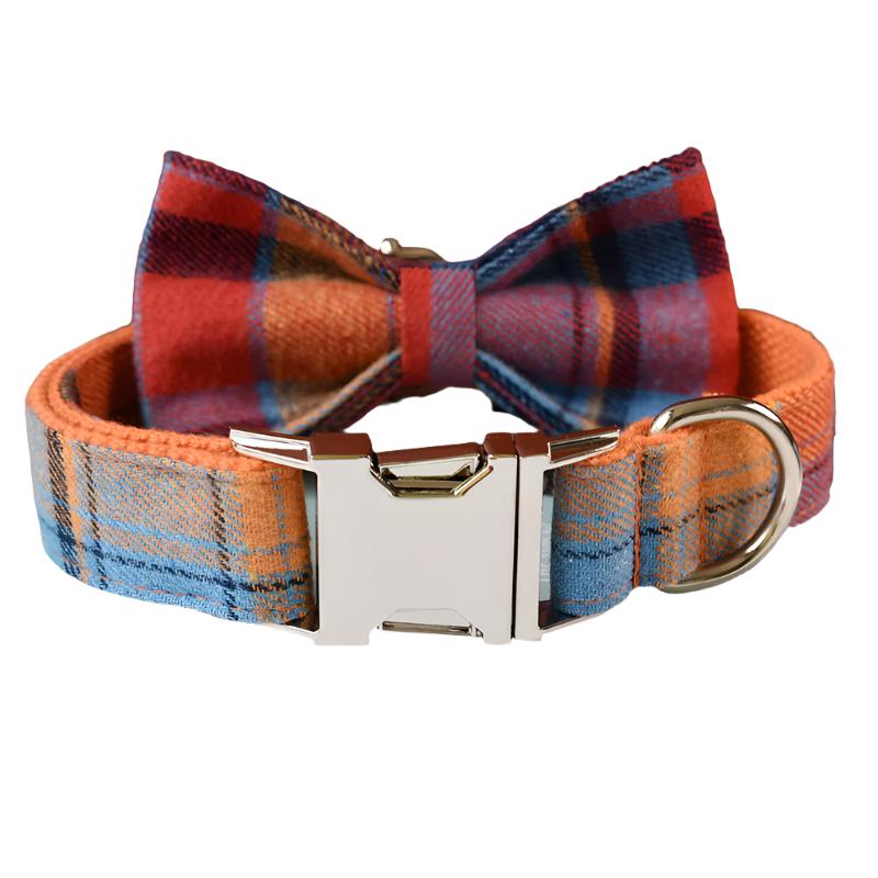 Orange & Blue Plaid Collar with Bow Tie & Lead Set (Personalised) - front view