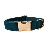 Peacock Blue Velvet Dog Collar with Detachable Bow Tie - front view