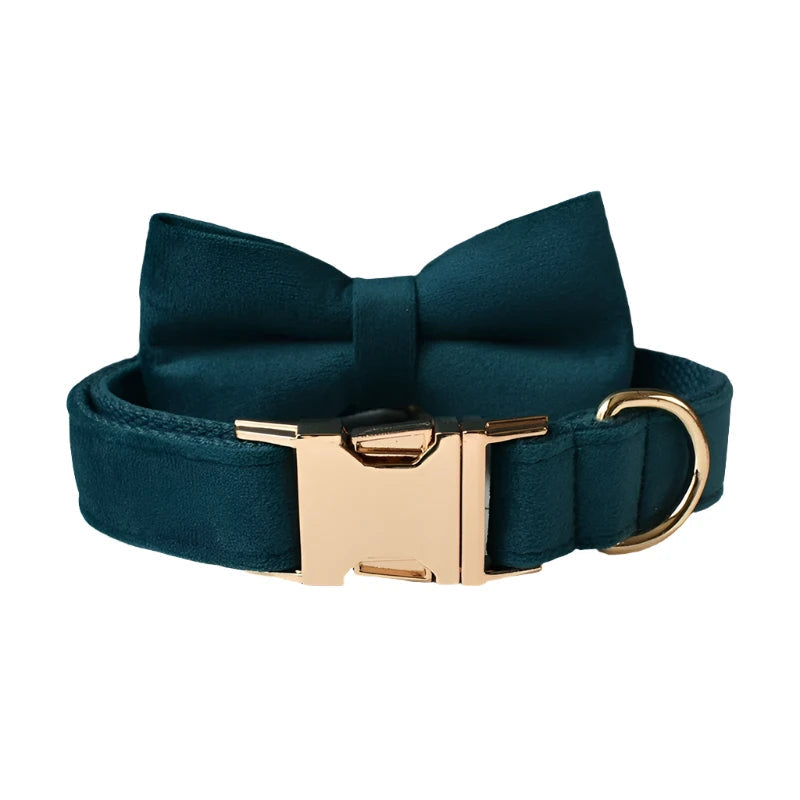 Peacock Blue Velvet Dog Collar with Detachable Bow Tie - side angle