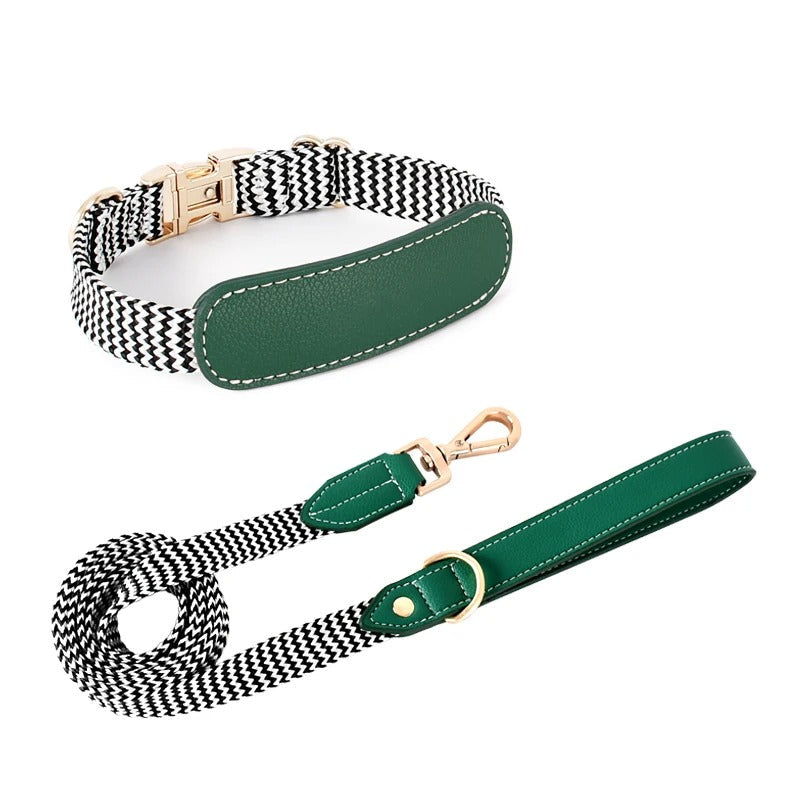 Prime Zigzag Soft Wrap Webbing Collar & Lead Set - Leather | PAWD