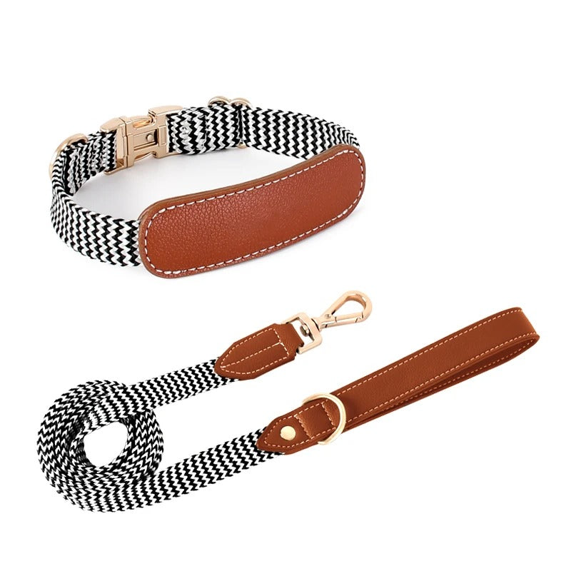 Prime Zigzag Soft Wrap Webbing Collar & Lead Set - Leather | PAWD