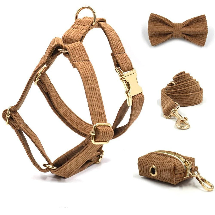 Brown Corduroy Dog Harness & Collar (Personalised) - front view