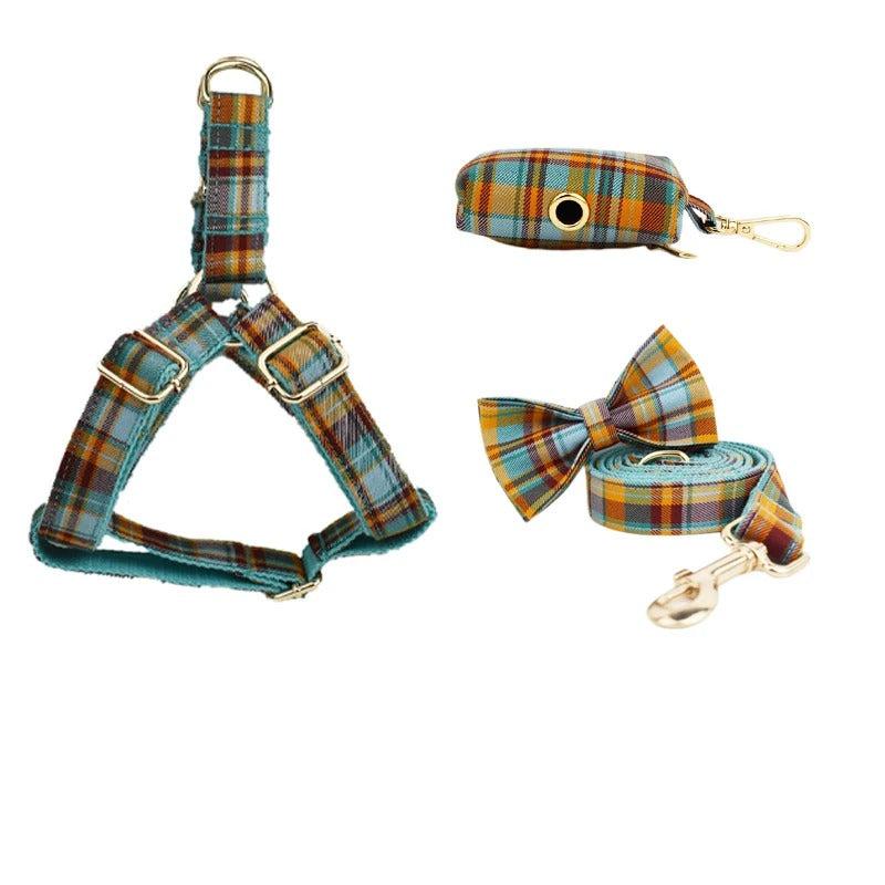 Tailored Checkered Pattern Harness and Leash Set with Personalized Engraving