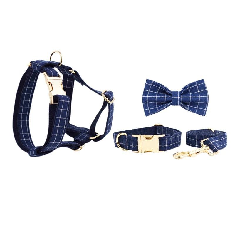 Dark Blue Checkered Harness Collar with Detachable Bow Tie Personalized Leash Set