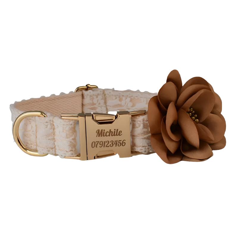 Lace Floral Beige Dog Collar - Personalized