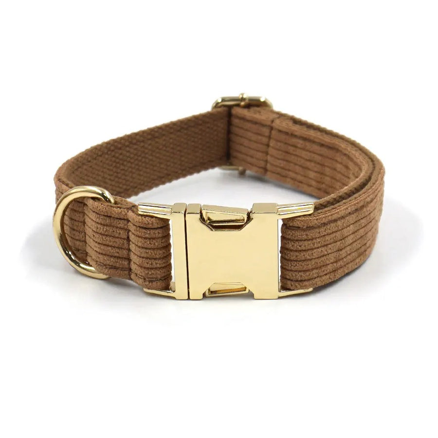 Tailored Brown Corduroy Harness Collar with Personalized Engraving