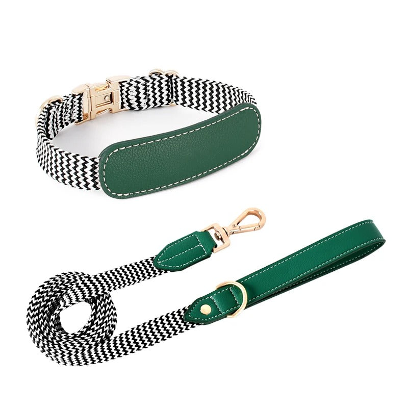 Prime Zigzag Soft Wrap Webbing Leather Collar & Leash Set