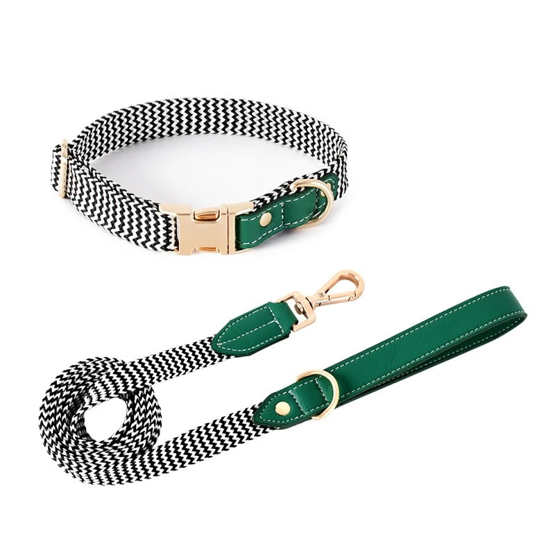 Prime Zigzag Soft Neck Webbing Leather Collar & Leash Set