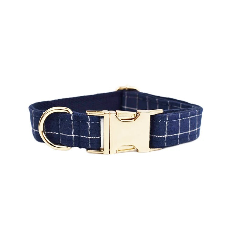 Dark Blue Checkered Harness Collar with Detachable Bow Tie Personalized Leash Set