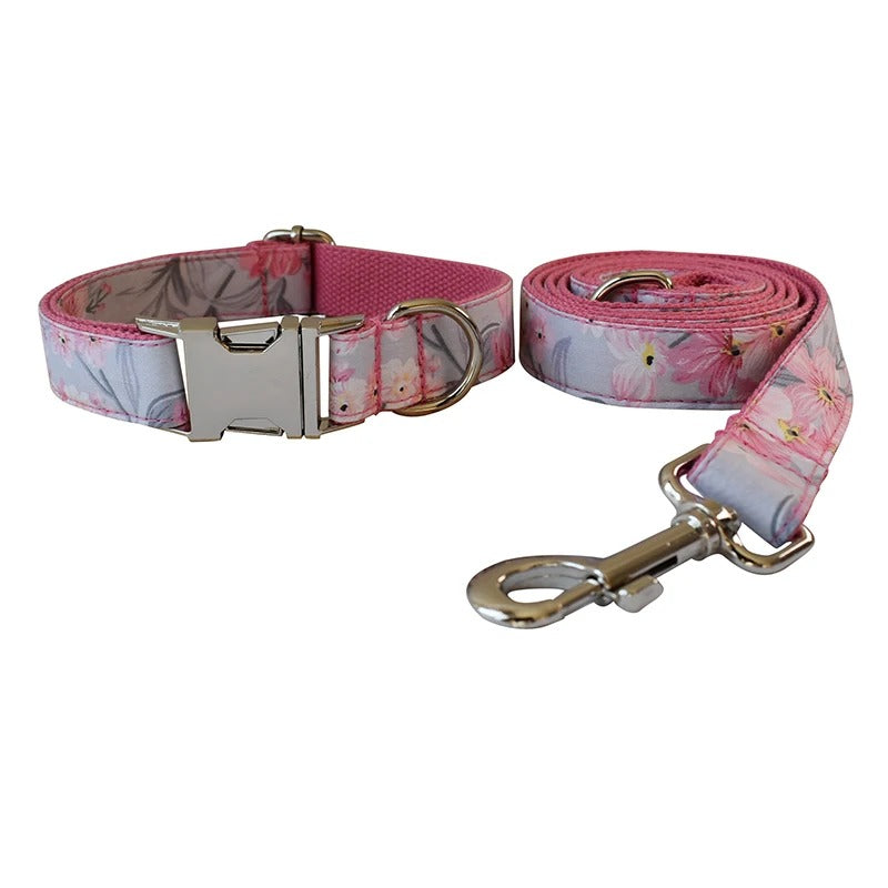 Lilac Pink Floral Collar with Detachable Bow Tie Personalized Leash Set